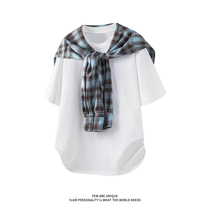 美式高街可拆卸解构披肩短袖男夏季小领口t恤T恤cleanfit高档上衣