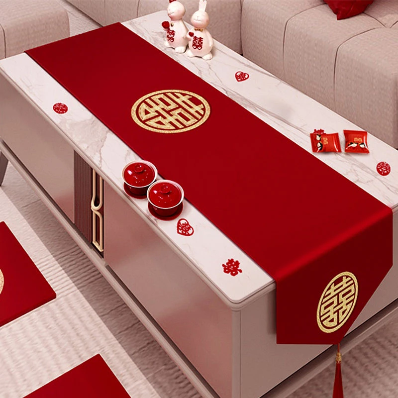 结婚桌布红色喜字桌旗茶几盖布餐桌婚房装饰婚礼婚房布置