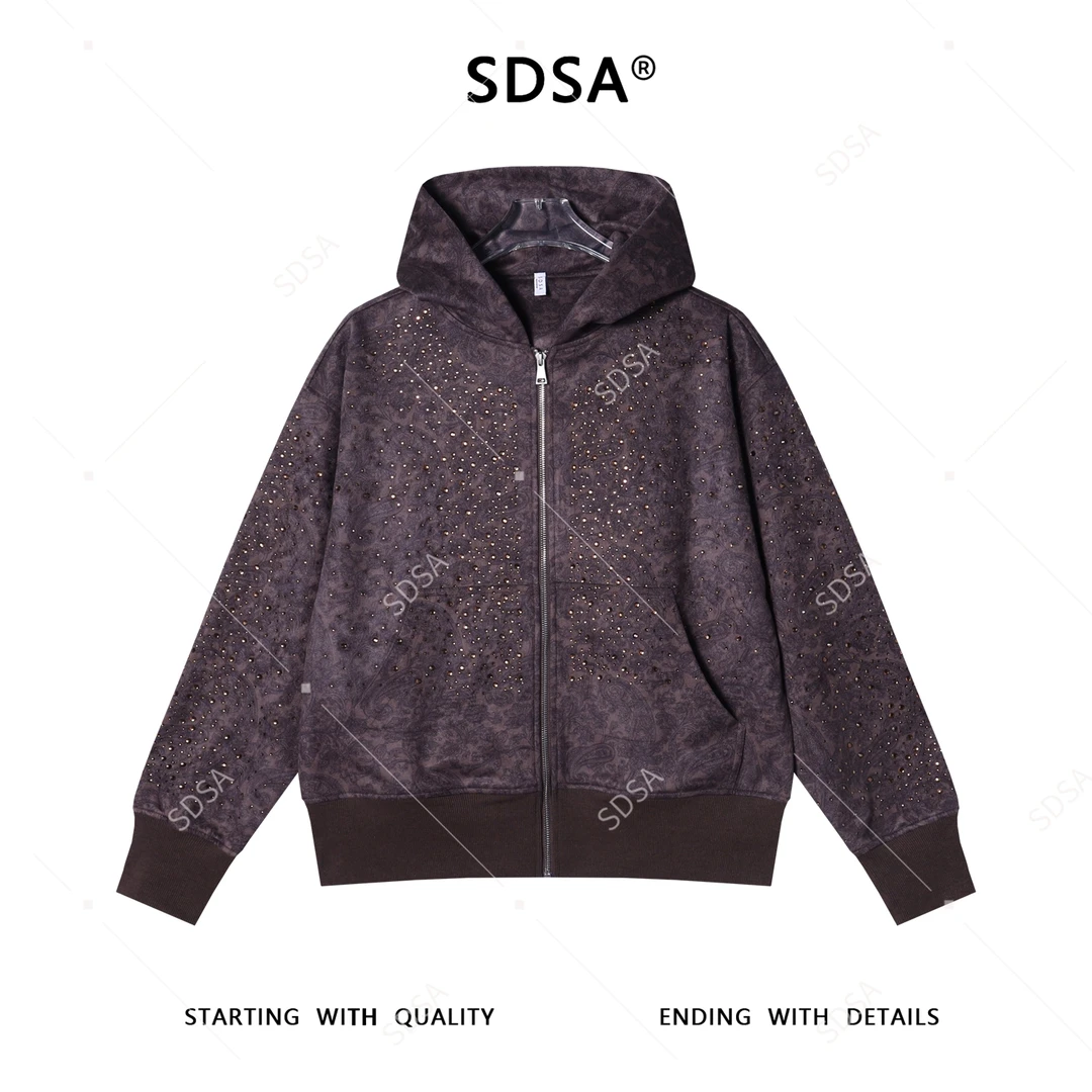 SDSA男士秋冬新款痞帅男装潮流印花烫钻拉链开衫连帽卫衣百搭宽松