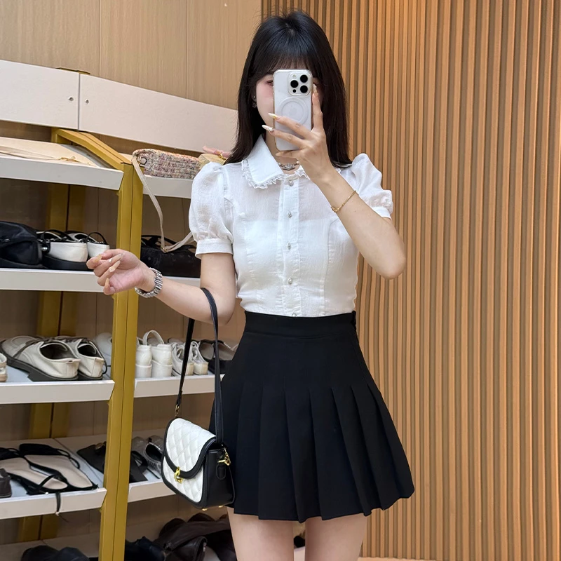 2025夏季新款娃娃领纯色衬衫女甜美韩系设计感小众大码百褶裙