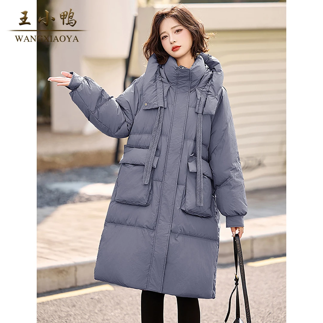 王小鸭高级感中长款羽绒服女2025冬季新款宽松连帽加厚白鸭绒外套