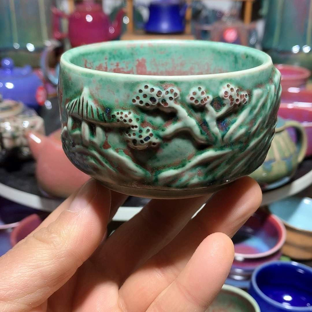 杯炭烧纯手工手签款山水杯
