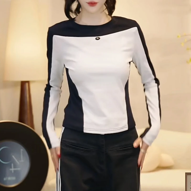 2025新款秋季设计师高定腰线拼色显瘦长袖打底衫T恤LK2505761