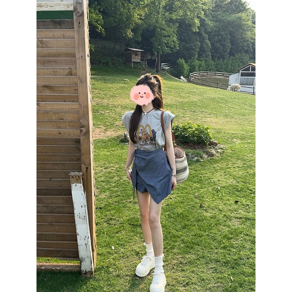 FRVXO【麦麦飞袖】灰色麦当劳飞袖背心上衣高腰条纹半身裙两件套