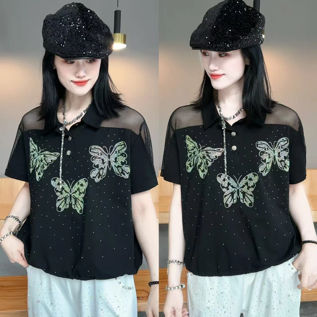 【YJ·高定】2025夏季薄款清凉透气POLO领烫钻百搭半袖上衣女 YY2546