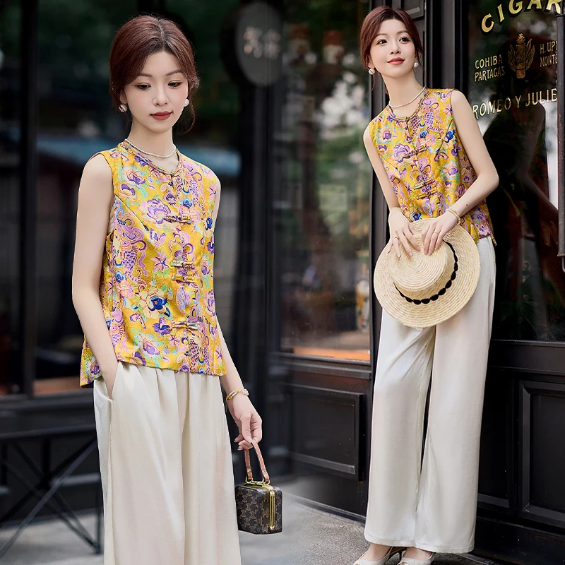 新款中式国风女复古盘扣撞色上衣夏季气质休闲显瘦马甲阔腿裤套装