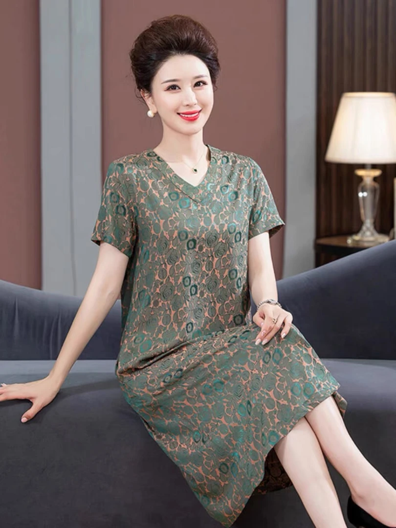 满罗V领气质中长款夏季时连衣裙百搭遮肉裙子