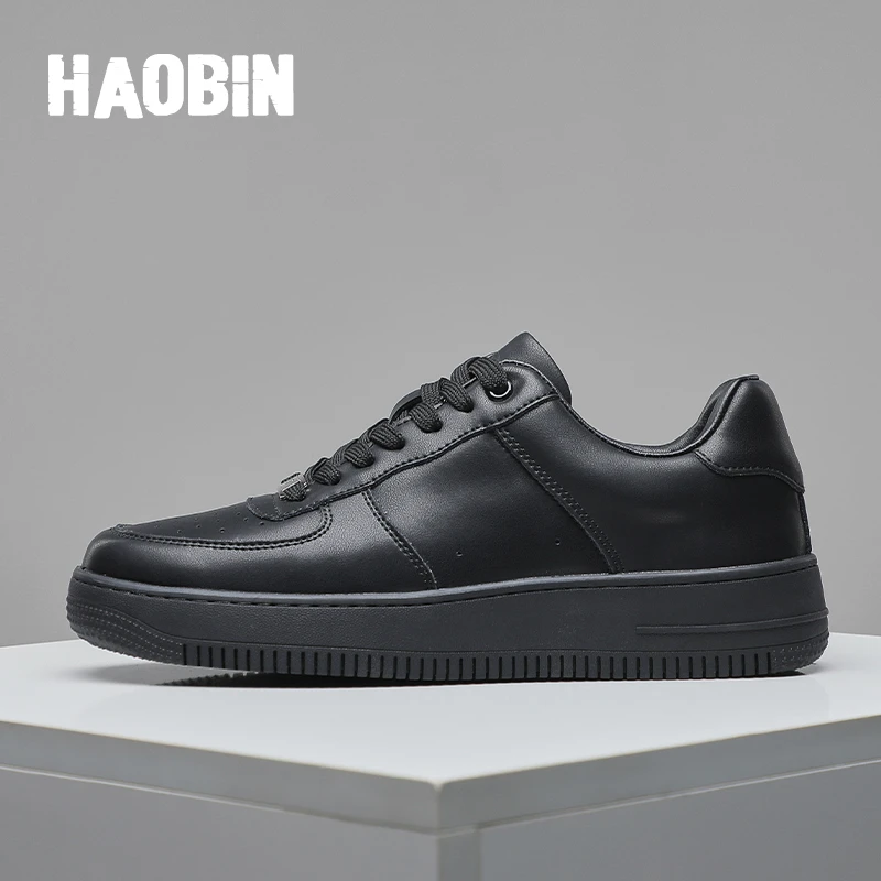 浩宾夏季纯色小白鞋潮款男士透气牛皮百搭潮流厚底白色户外低帮