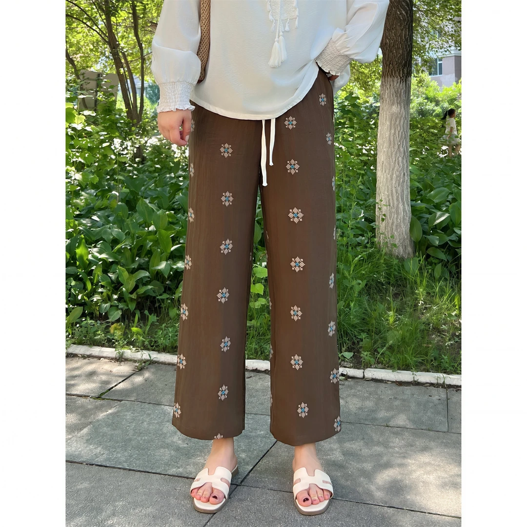 海盐罗曼 /刺绣老钱风森系九分裤15218花契大码200斤胖mm简约洋气