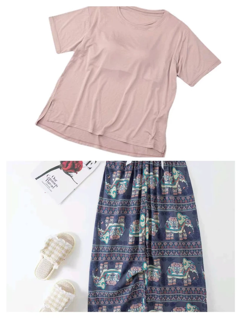 T383胸垫睡衣女跨境亚马逊春夏秋莫卡其+彩象