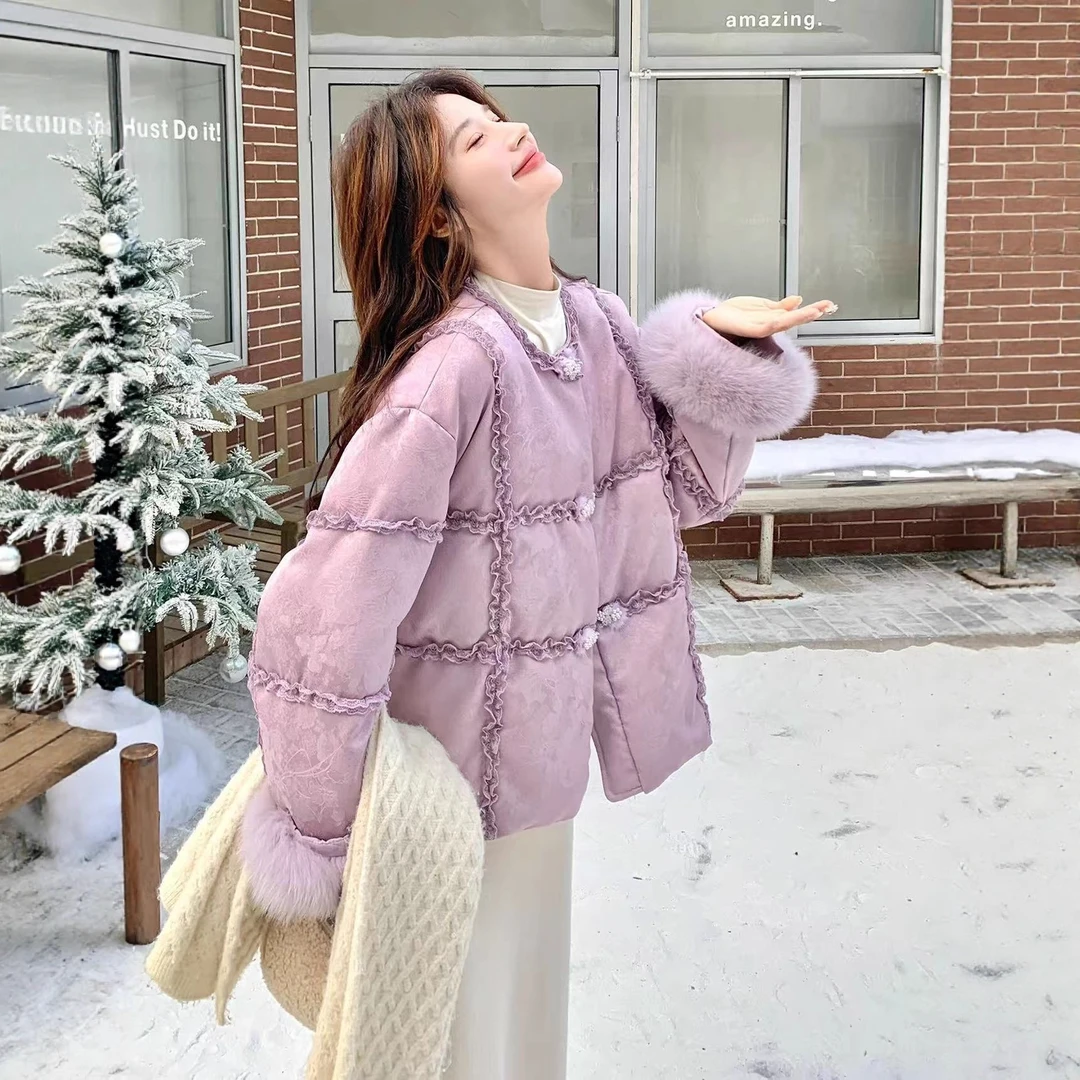 2025冬季新中式国风香云纱提花木耳花边复古高级感羽绒服保暖外套