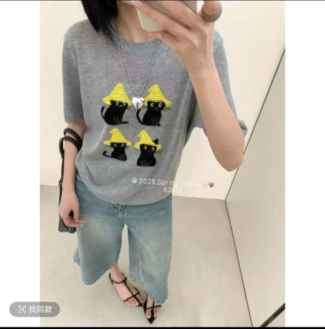 西西家 韩系小黄帽卡通猫咪图案短袖