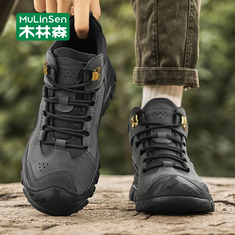 木林森高帮男鞋春秋2025新款运动休闲鞋男士厚底皮面耐磨工装潮鞋