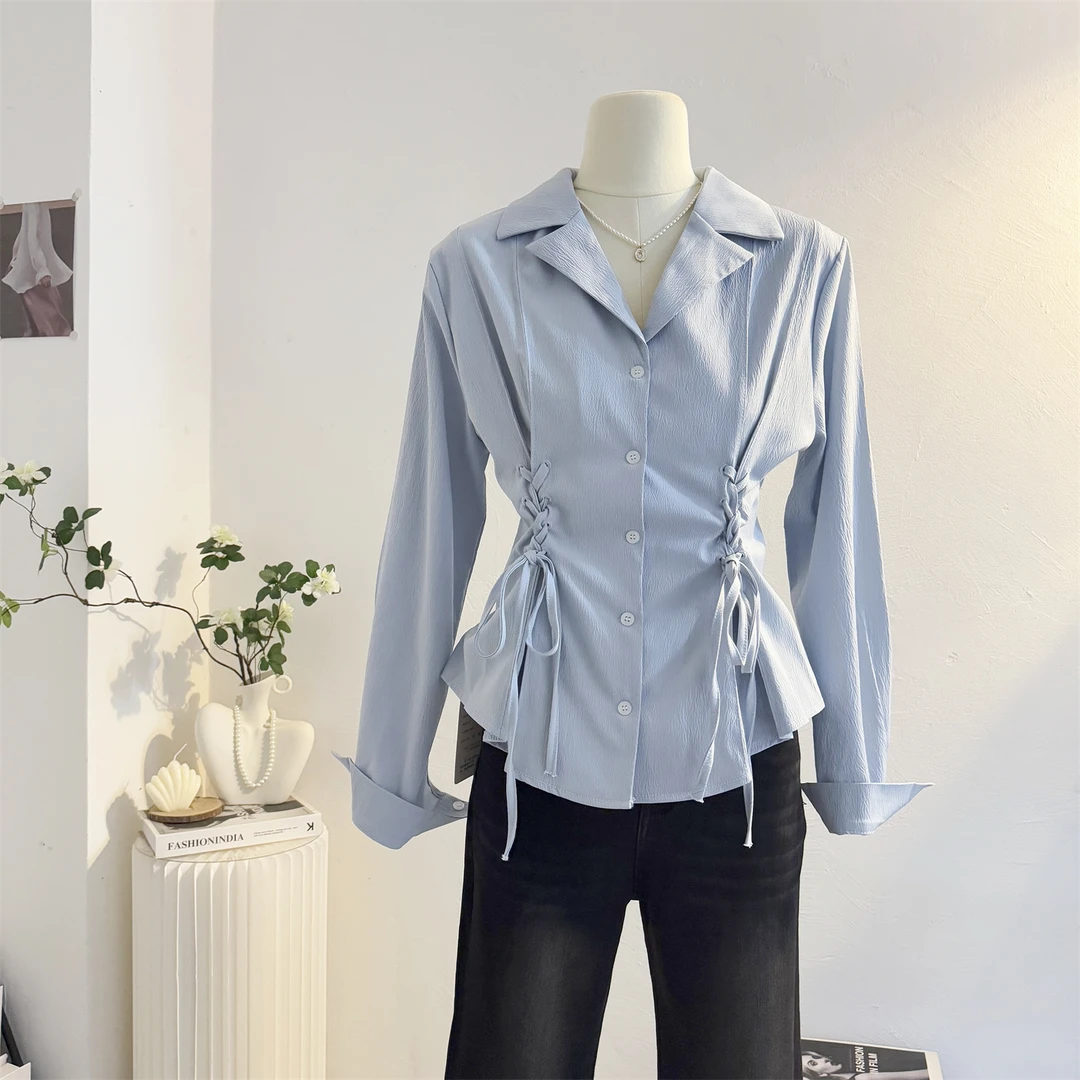 蓝色法式西装领绑带收腰长袖衬衫女2025秋设计感小众气质显瘦衬衣