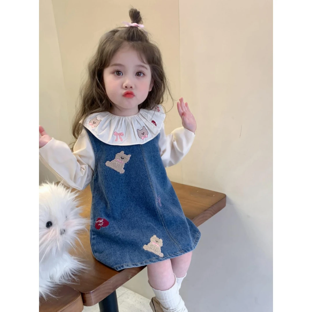 MK&UR.BV女童春秋牛仔裙子秋装2025新款儿童秋季女宝宝小熊套装