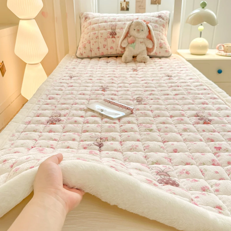 韩系碎花兔印花上下铺加厚牛奶绒床垫床护垫学生床褥宿舍保暖柔软