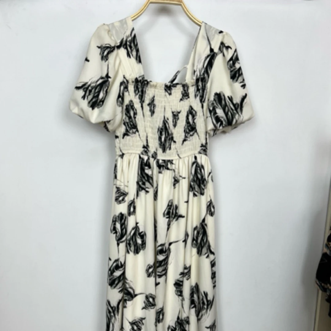 法式印花泡泡袖钉珠碎花夏季连衣裙长裙裙子时尚收腰潮流碎花舒适