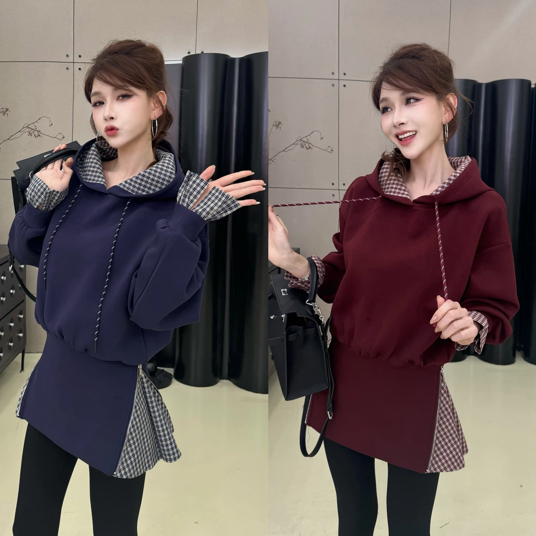 【型格星川】拼接格子收腰连帽卫衣秋冬时尚百搭假两件韩版显瘦减龄