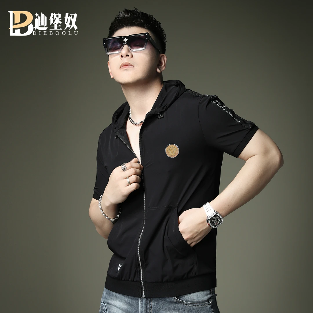 欧货2025新款轻奢小标印花连帽开衫t恤男潮牌夏季休闲凉感T恤半袖