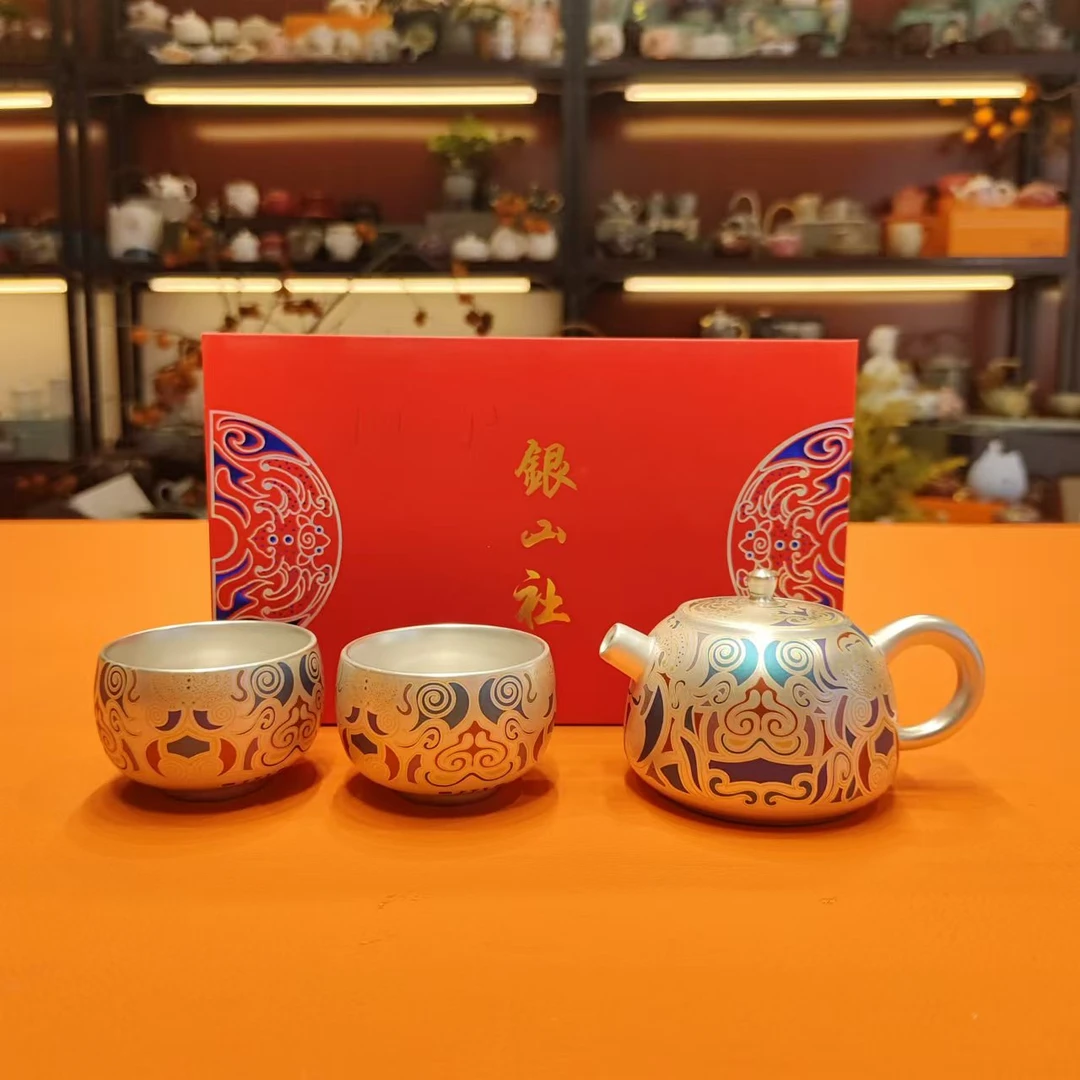 瓷韵优品 瓷胎包银珐琅彩鎏银德钟壶一壶两杯套装功夫茶具-4785