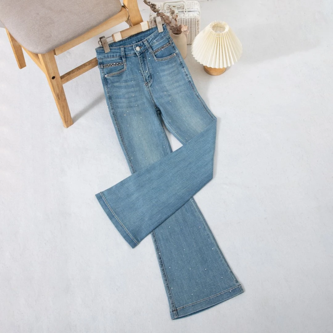 夏季烫钻新品贴腿高腰微喇裤显瘦小喇叭湖水蓝休闲百搭裤子