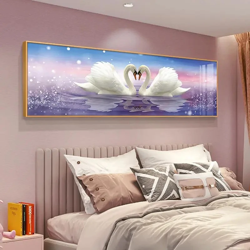 幸福天鹅卧室床头装饰画轻奢感背景墙壁画横版好寓意沙发挂画