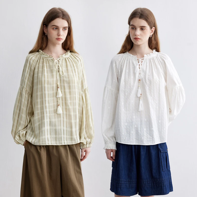 重工绣花木耳边 波嬉风立领长袖衬衫女早秋-两色入