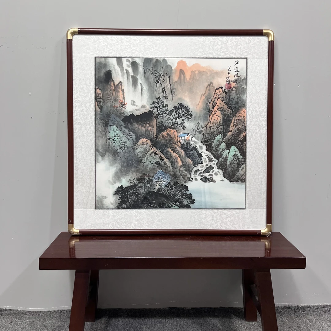 纯手绘90*90源远流长斗方山水画国画餐厅客厅玄关挂画