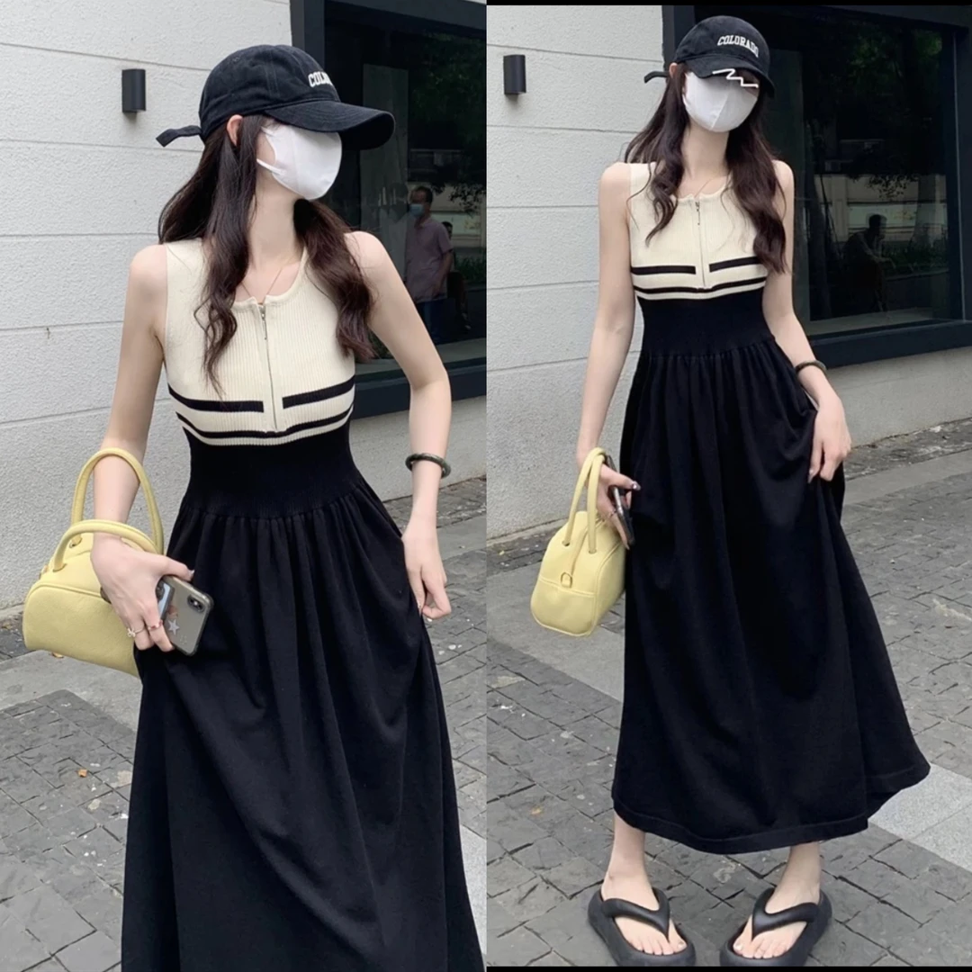 撞色吊带拉链设计感无袖气质连衣裙女夏季新款长款温柔风A字长裙