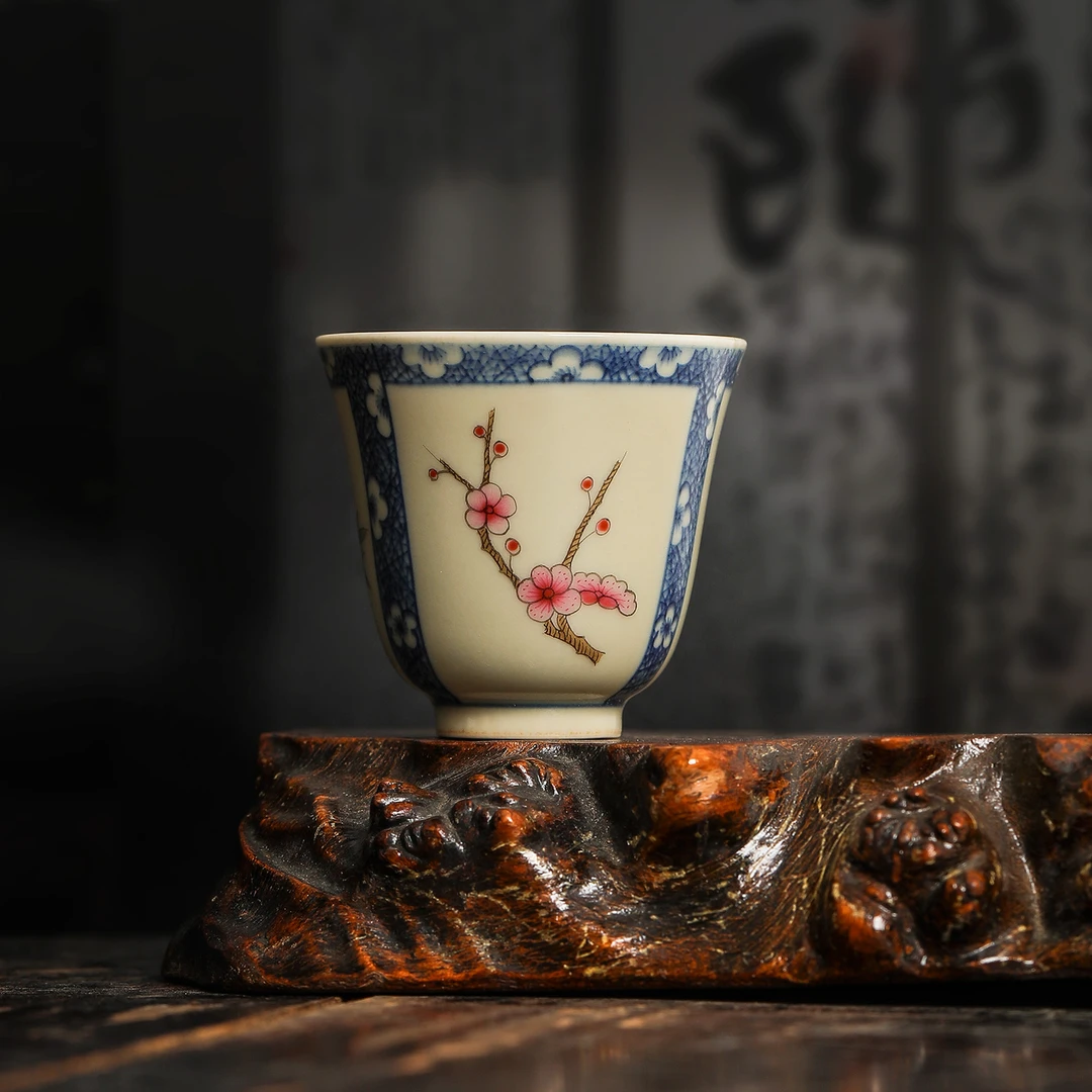 陶瓷茶杯主人杯单杯景德镇青花冰梅斗彩手绘岁寒三友品茗功夫茶具