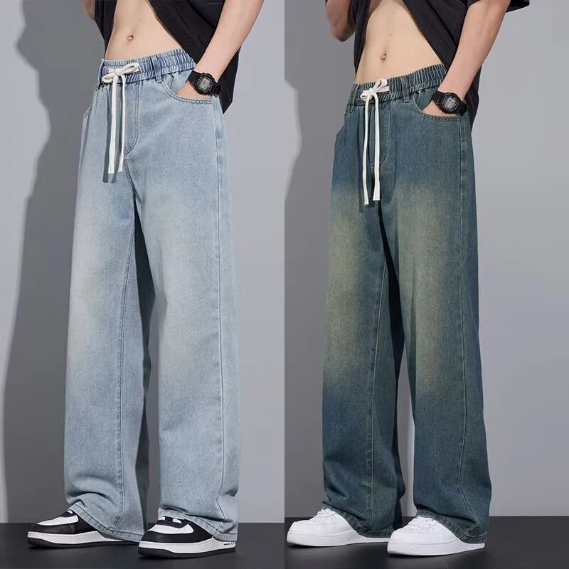 春夏松紧腰直筒宽松慵懒风裤子牛仔裤潮流百搭男女穿搭休闲裤