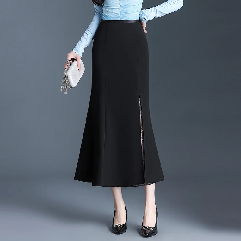 拼接蕾丝鱼尾裙高腰一步裙女春夏2025新款半身长裙黑色气质包臀裙