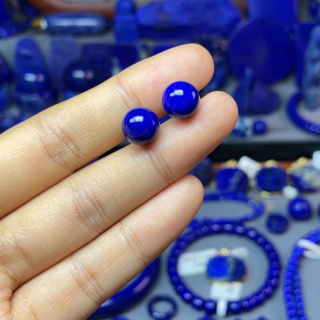 青金石银S925镶嵌9mm耳饰