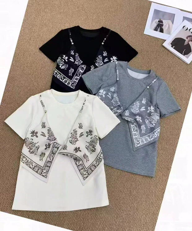 8102短袖宽松型常规款通勤假两件T恤夏季显瘦宽松拼接韩版