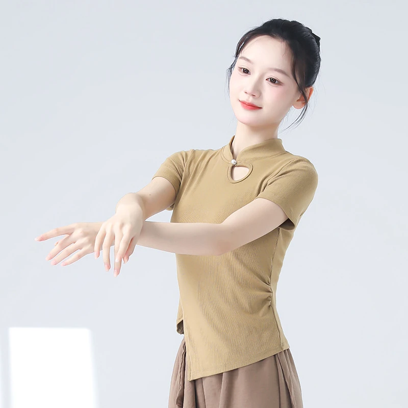 24015现代舞蹈女上衣长袖套指旗袍领练功服古典民族舞服