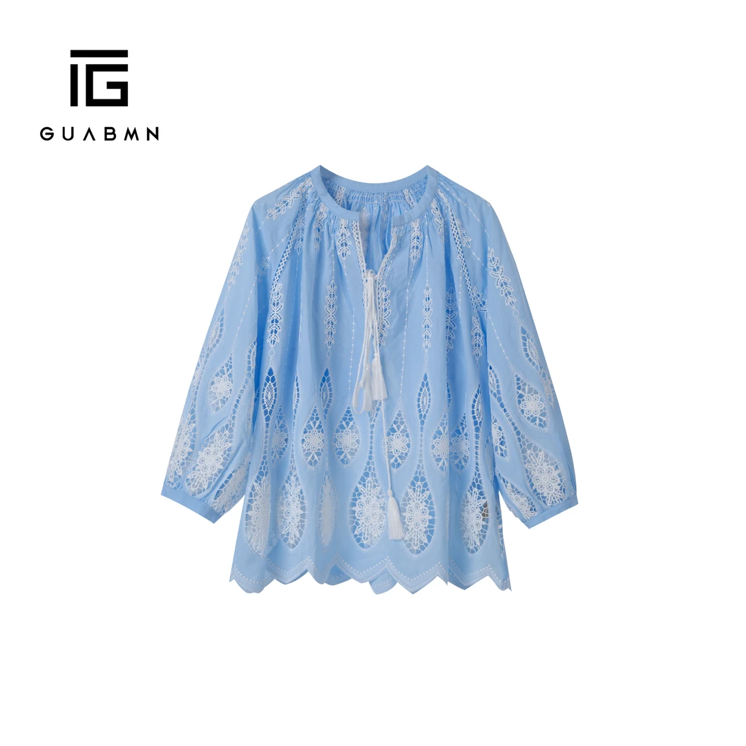 GUABMN2025夏季新款蕾丝刺绣镂空宽松气质V领衬衫5077