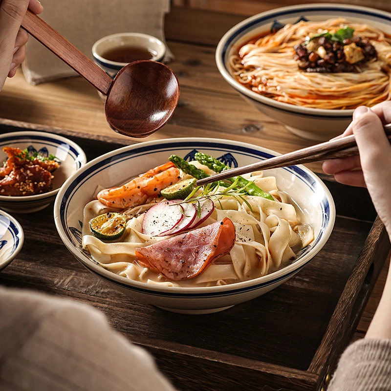 复古大号陶瓷碗釉下彩臊子面碗创意面馆专用商用米粉碗中式日式