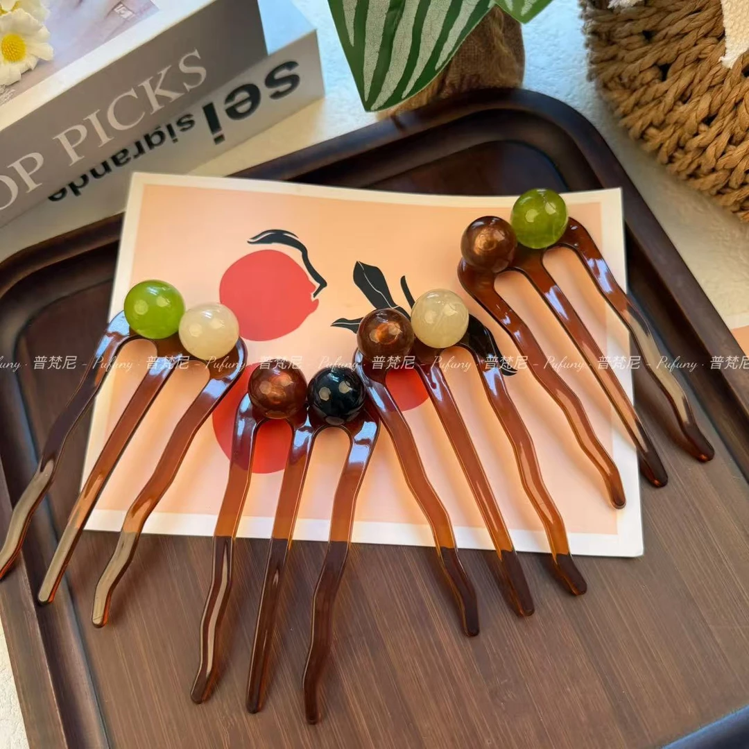 复古u型新款圆珠波浪三齿珠珠发簪+四齿梳一个