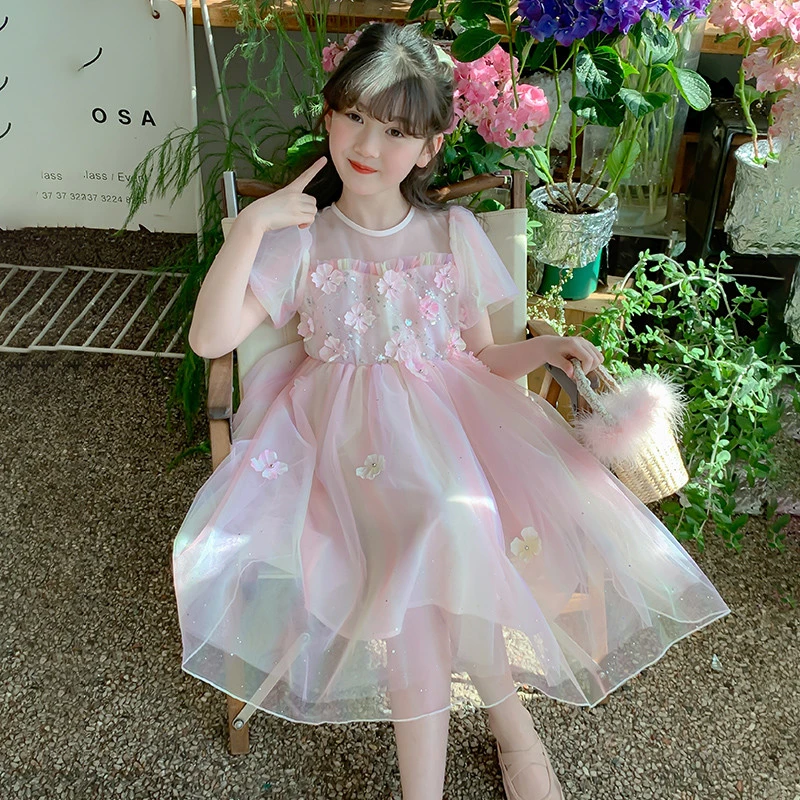 女童纱裙连衣裙夏款短袖甜美女孩大童2025新款公主裙薄款夏季裙子