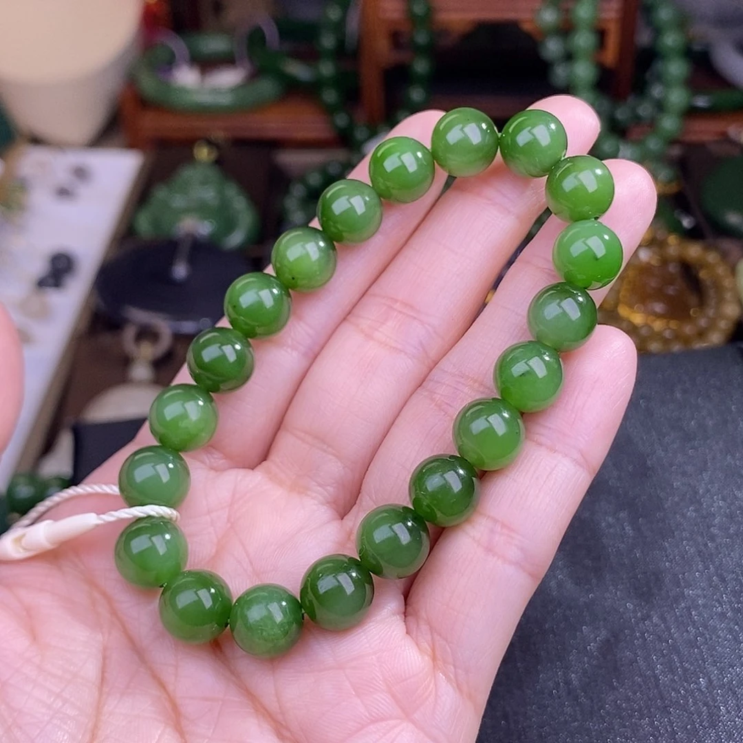 和田玉碧玉猫眼手链清货价约9MM未镶嵌