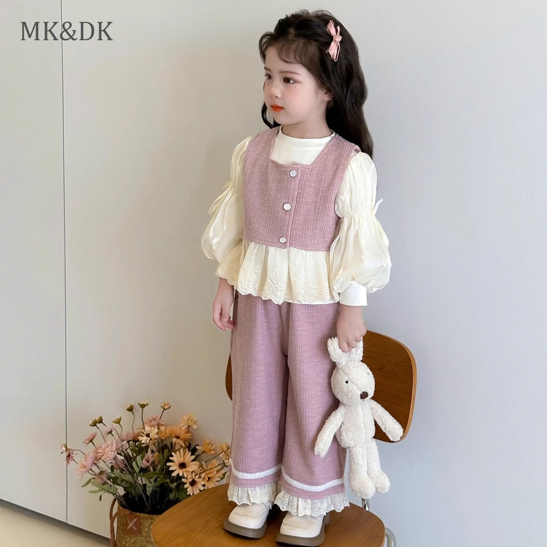 MK&DK女童秋季花边套装2025新款儿童秋装女孩秋款洋气时髦三件套