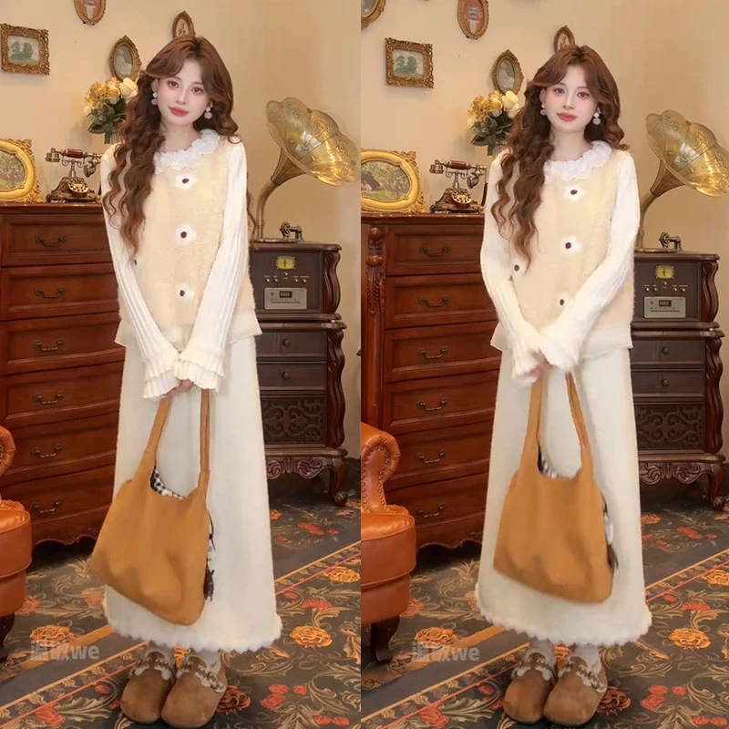 流行漂亮套装2025新款慵懒风复古打底衫气质毛衣休闲半身裙三件套