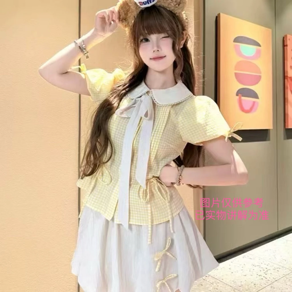 夏季可爱学院风穿搭一整套装立体蝴蝶结设计娃娃领上衣搭配半身裙