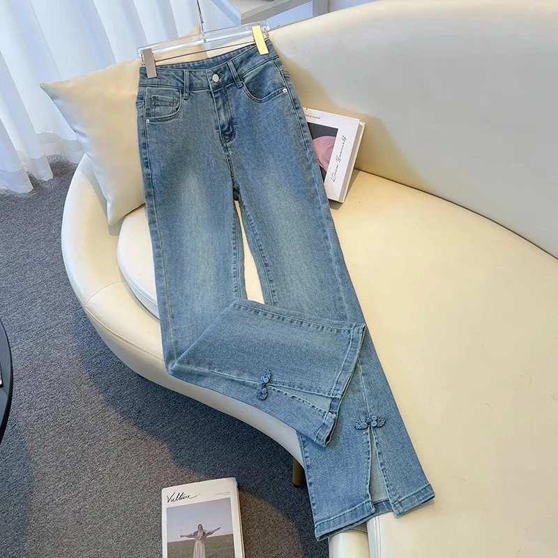 La babite 新中式国风牛仔微喇裤春夏秋2025新款小个子九分喇叭裤