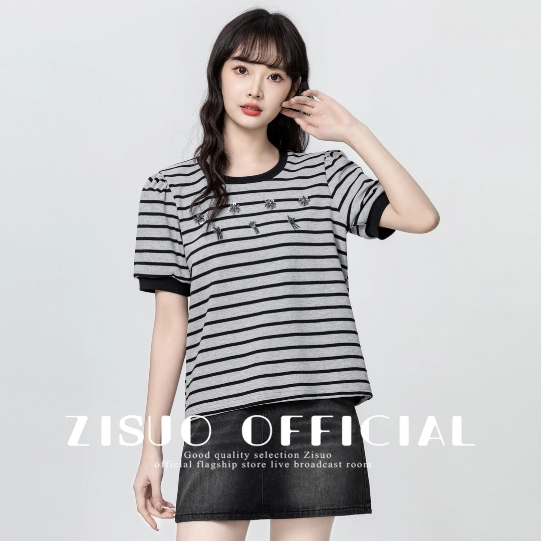 复古条纹圆领短袖T恤女夏2025夏季新款设计感宽松泡泡袖体恤上衣