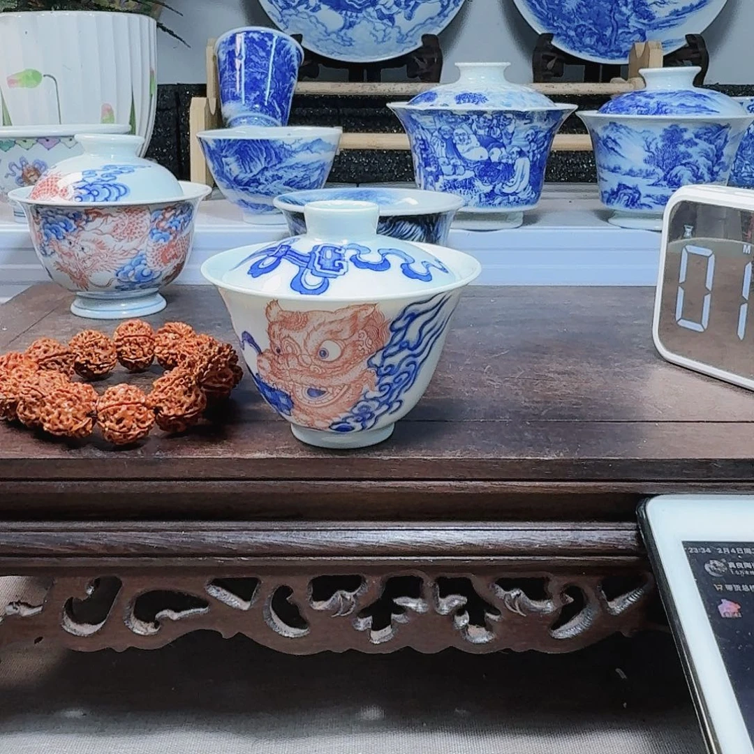 泥塑森***馆盖碗手工手绘微不合缝