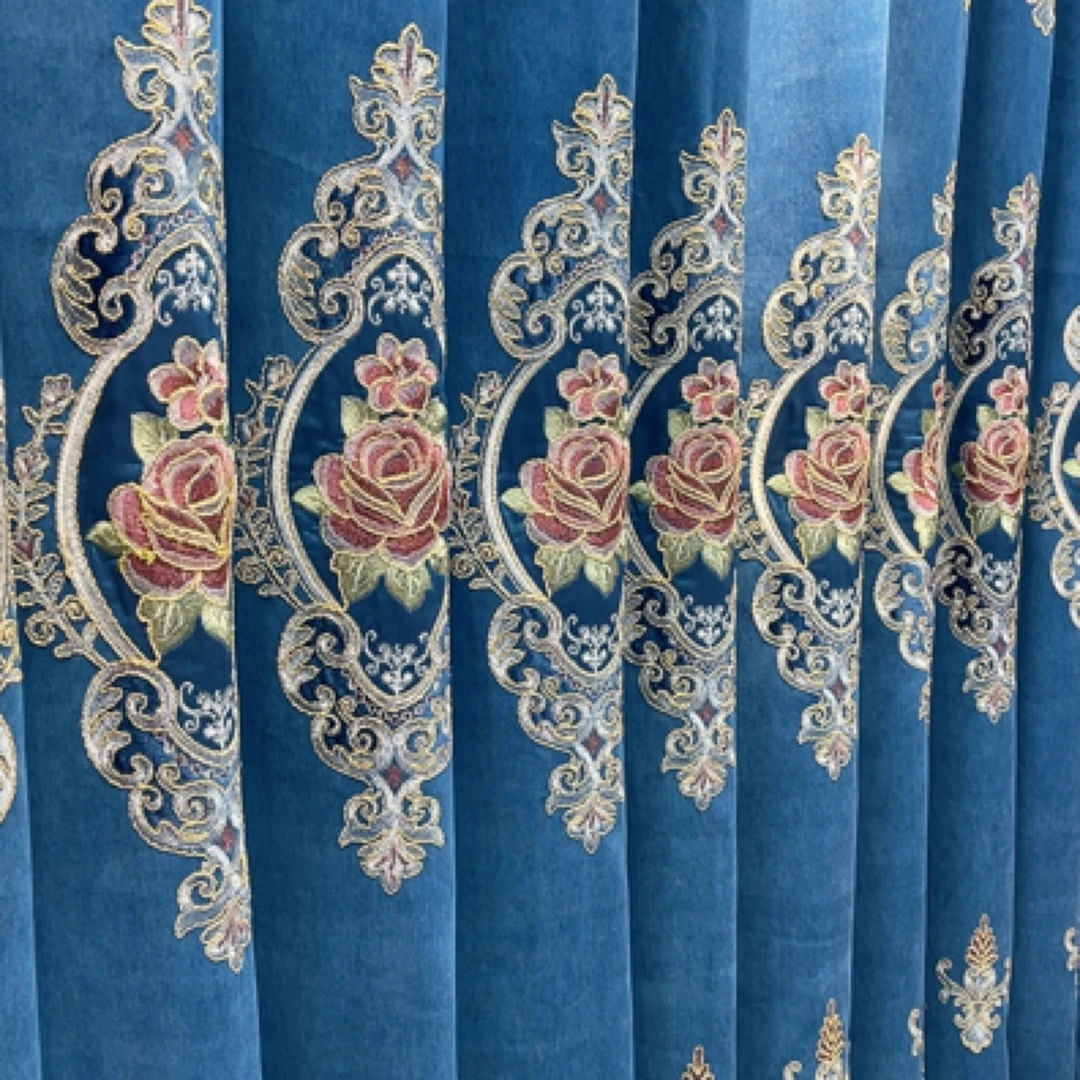 宝石蓝色盛世牡丹雪尼尔绣花窗帘窗纱