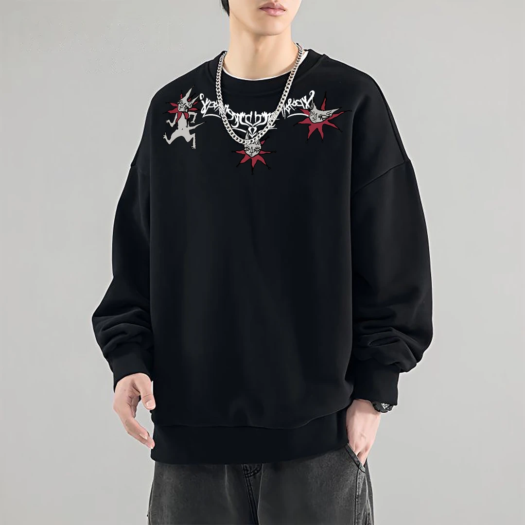 美式手绘小丑印花宽松男士时尚运动秋冬卫衣圆领休闲国风潮流印花