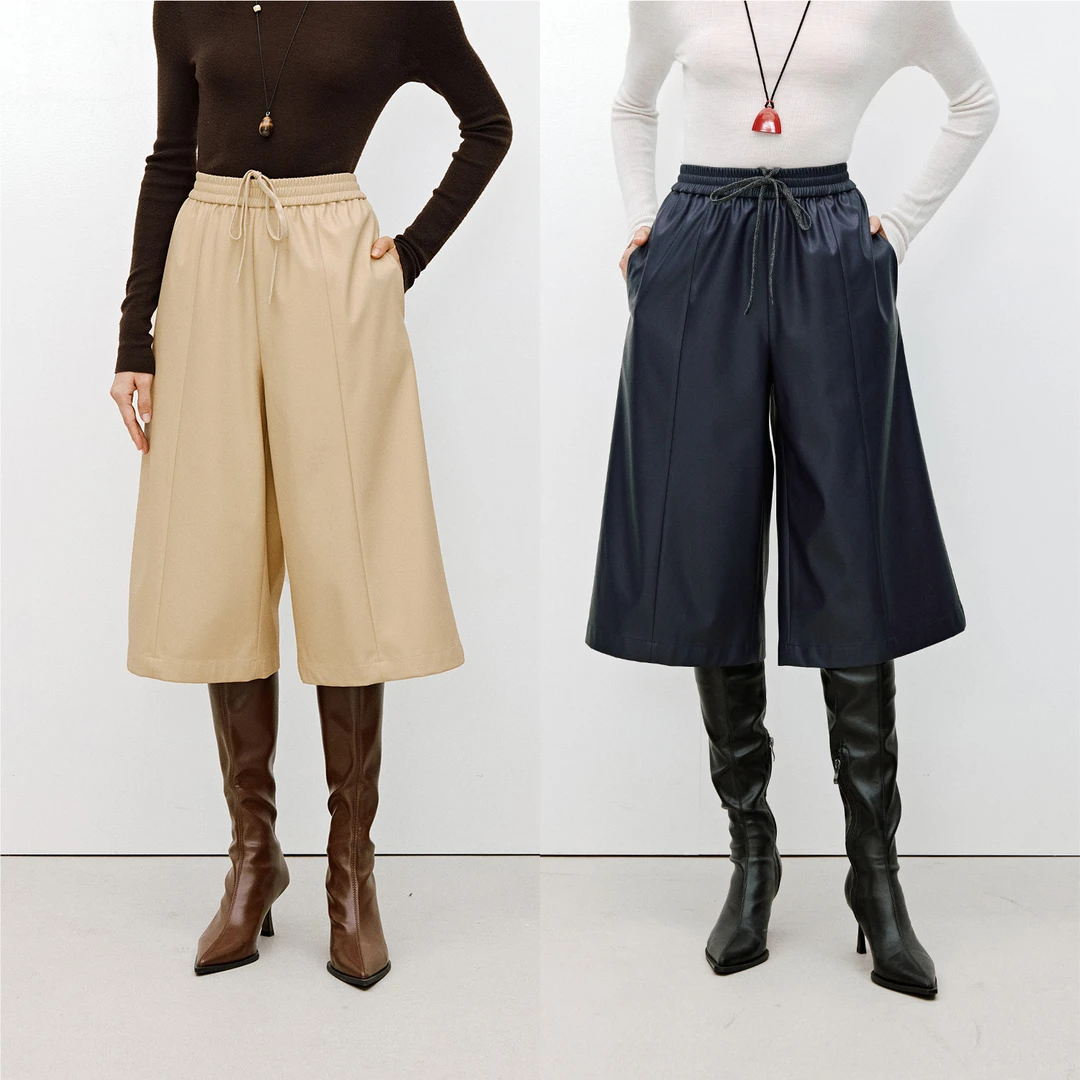 MARIUS复古佰搭高弹透气蛋白皮显高瘦阔腿八分裤