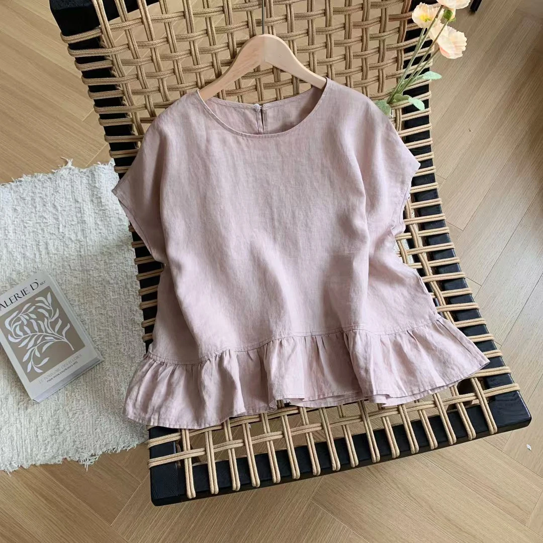 素心轻奢 2025夏季新款文艺森系荷叶边拼接100%亚麻宽松短袖衬衫